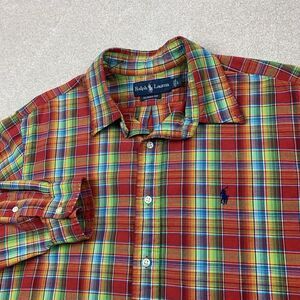 Ralph Lauren Mens Large Linen Blend Classic Fit Plaid Long Sleeve Button Shirt
